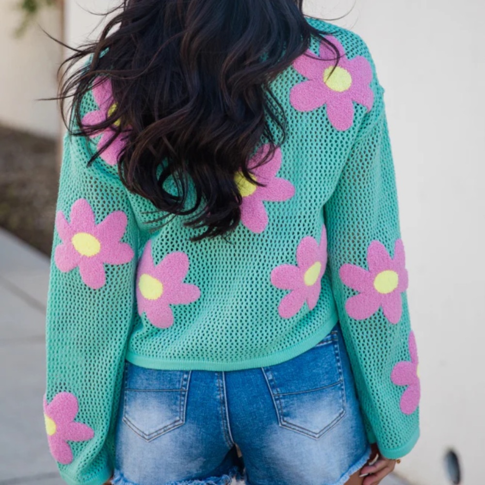 Floral Mesh Sweater in Teal and Pink - Picture 5 of 5